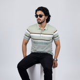 Men’s Premium Striped Polo T-Shirt -Mint Green & Off White