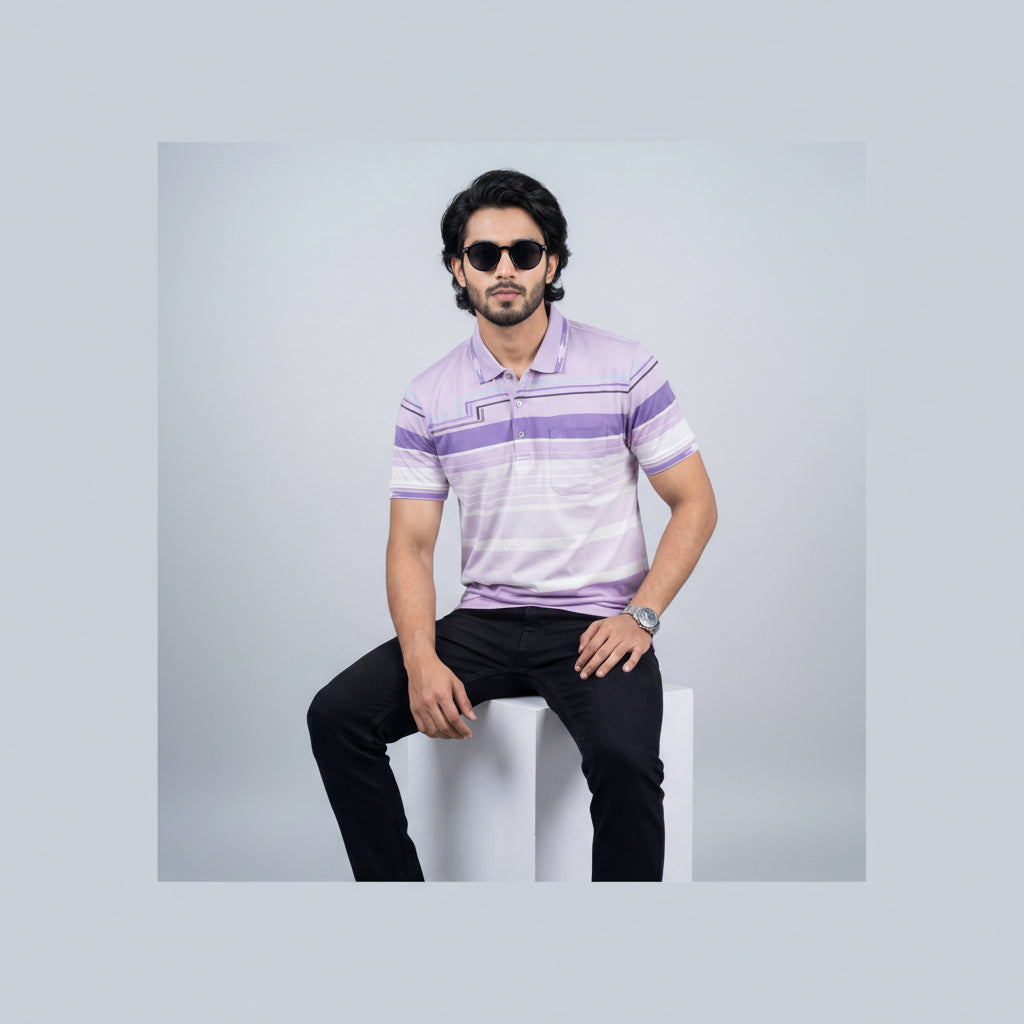 Men’s Premium Striped Polo T-Shirt -Light Purple & Lavender