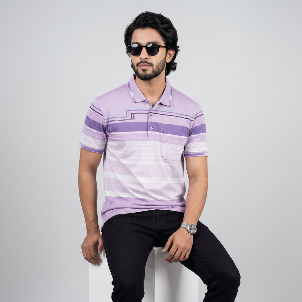 Men’s Premium Striped Polo T-Shirt -Light Purple & Lavender