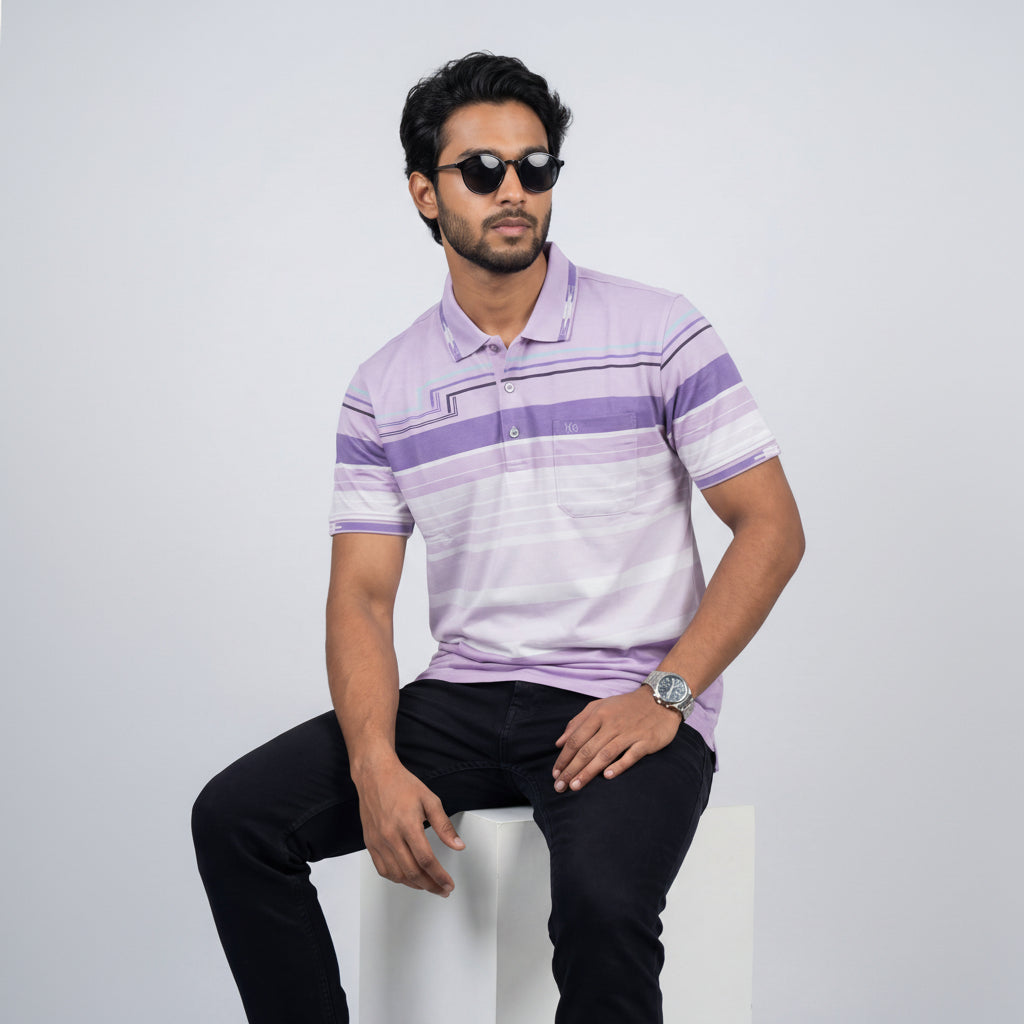 Men’s Premium Striped Polo T-Shirt -Light Purple & Lavender