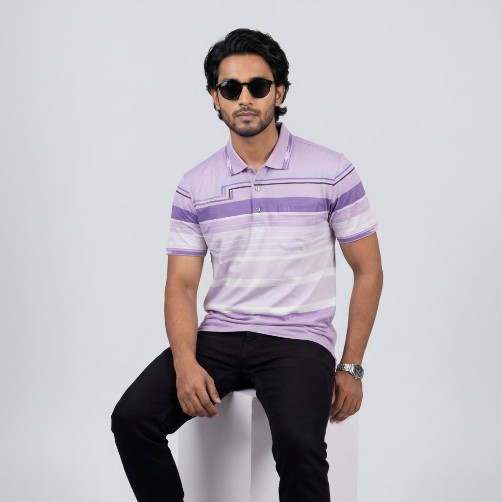 Men’s Premium Striped Polo T-Shirt -Light Purple & Lavender