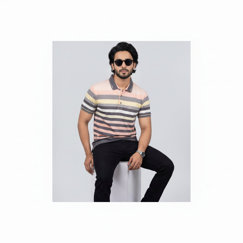 Men’s Premium Striped Polo T-Shirt -Pastel Pink & Dusty Rose