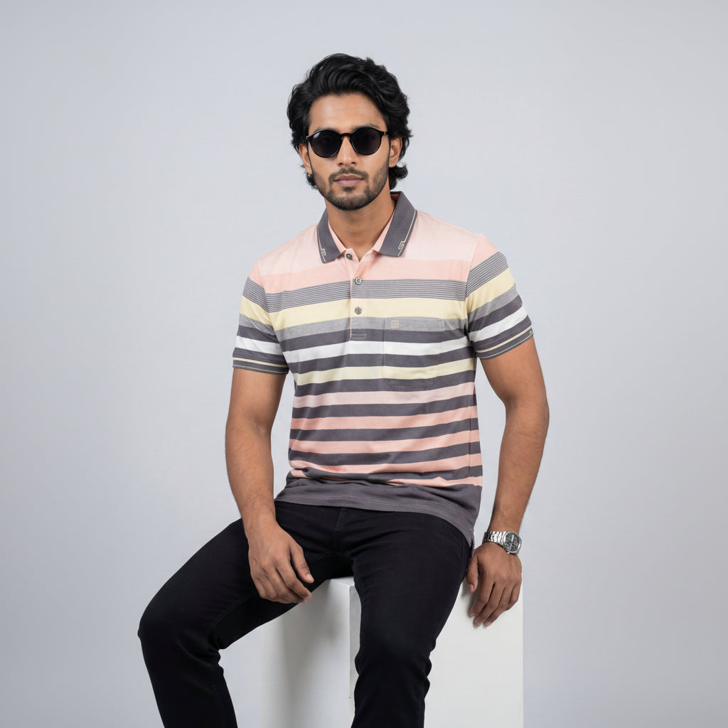 Men’s Premium Striped Polo T-Shirt -Pastel Pink & Dusty Rose