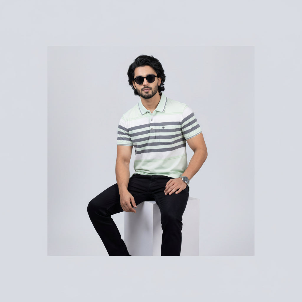 Men’s Premium Striped Polo T-Shirt -Mint Green & Pastel Green
