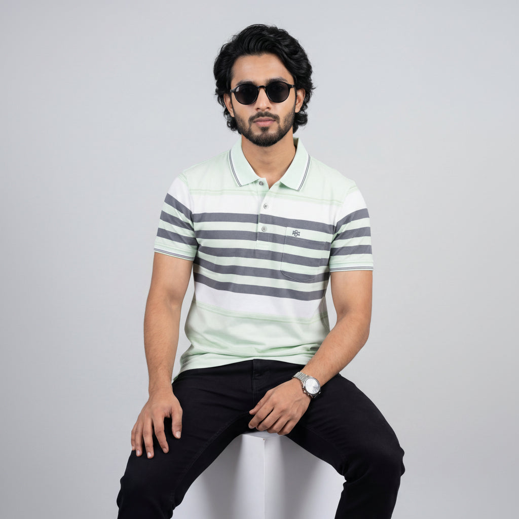Men’s Premium Striped Polo T-Shirt -Mint Green & Pastel Green