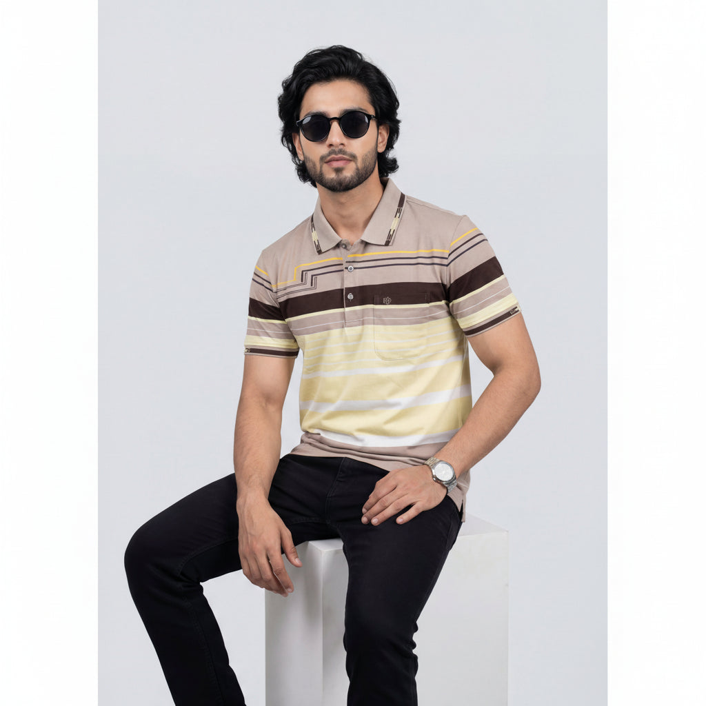 Men’s Premium Striped Polo T-Shirt -Beige and Brown