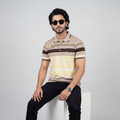 Men’s Premium Striped Polo T-Shirt -Beige and Brown