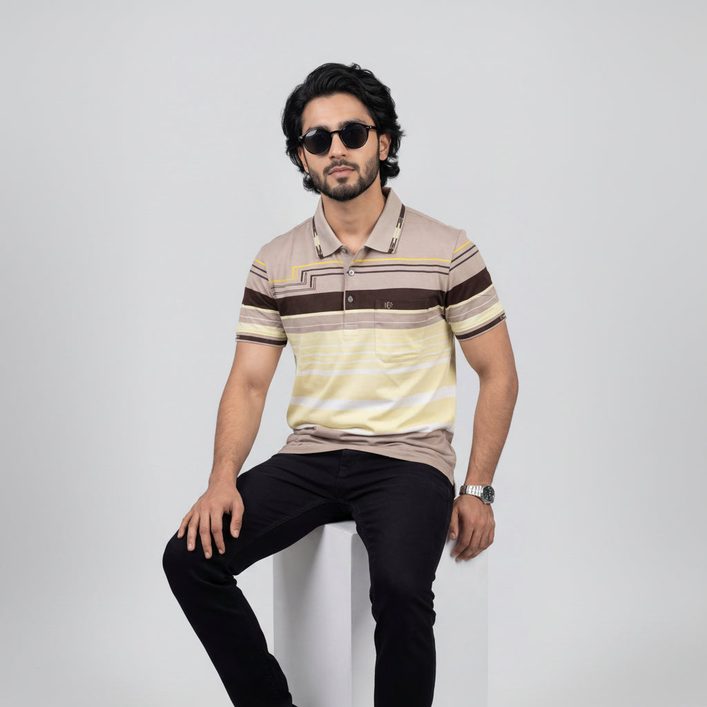 Men’s Premium Striped Polo T-Shirt -Beige and Brown
