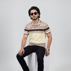 Men’s Premium Striped Polo T-Shirt -Beige and Brown