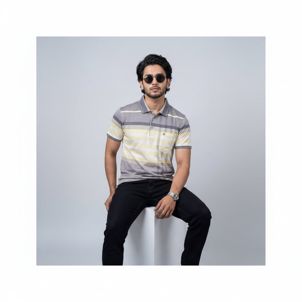 Men’s Premium Striped Polo T-Shirt -Pale Yellow & Lemon