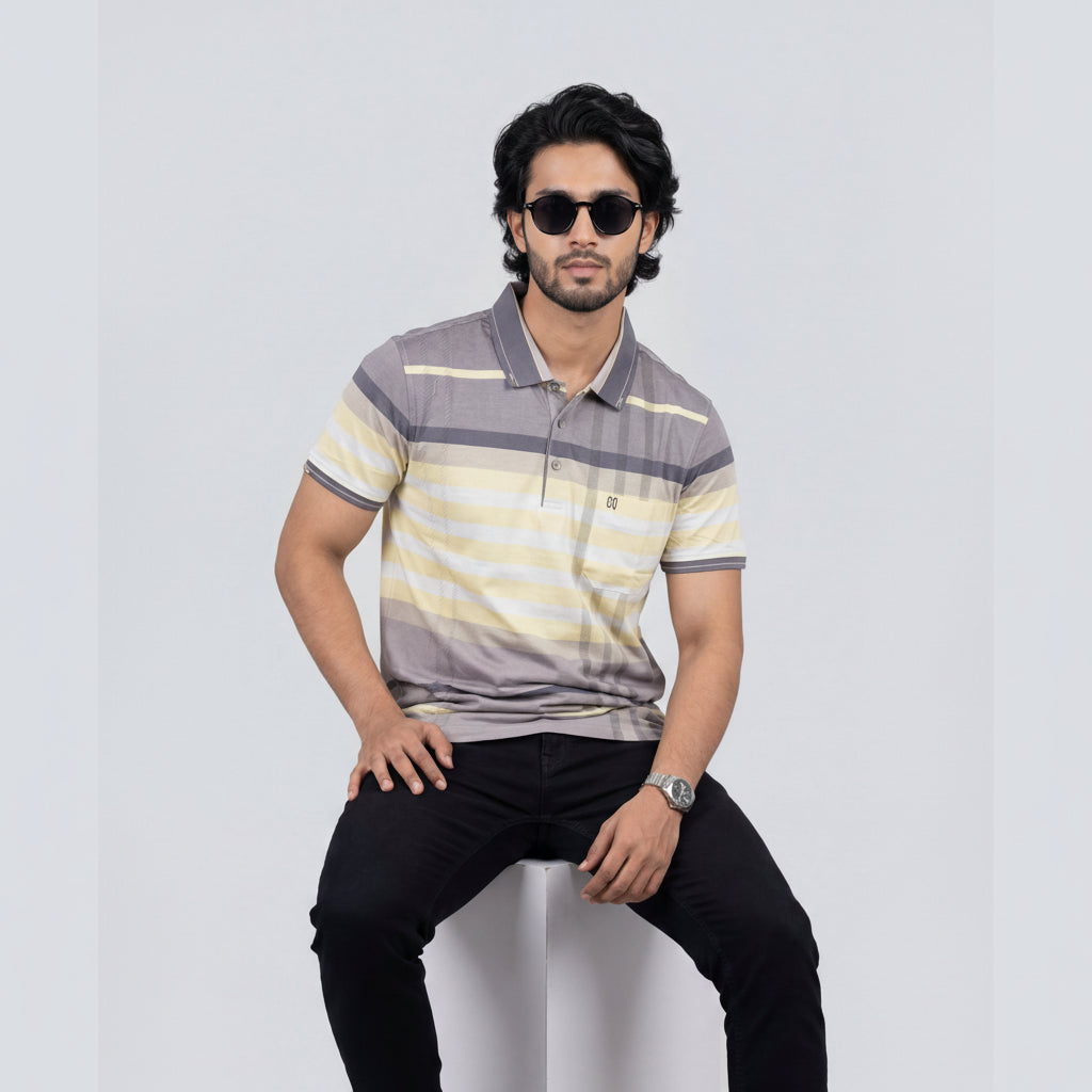 Men’s Premium Striped Polo T-Shirt -Pale Yellow & Lemon