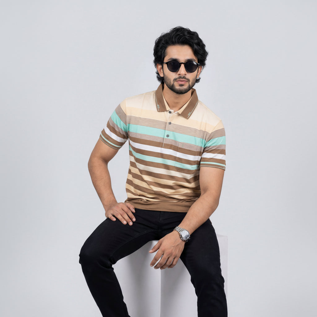 Men’s Premium Striped Polo T-Shirt -Camel & Tan Brown