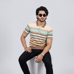 Men’s Premium Striped Polo T-Shirt -Camel & Tan Brown