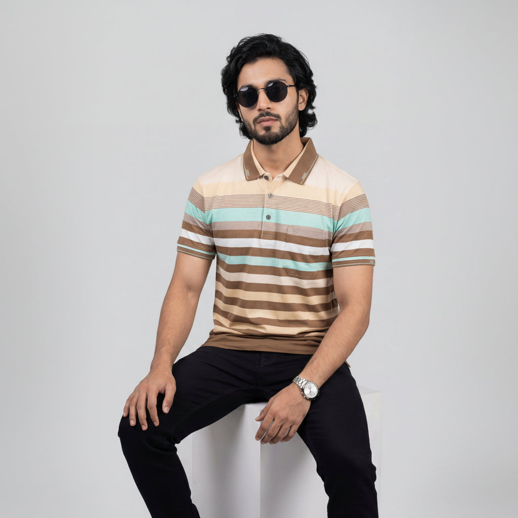 Men’s Premium Striped Polo T-Shirt -Camel & Tan Brown