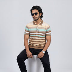 Men’s Premium Striped Polo T-Shirt -Camel & Tan Brown