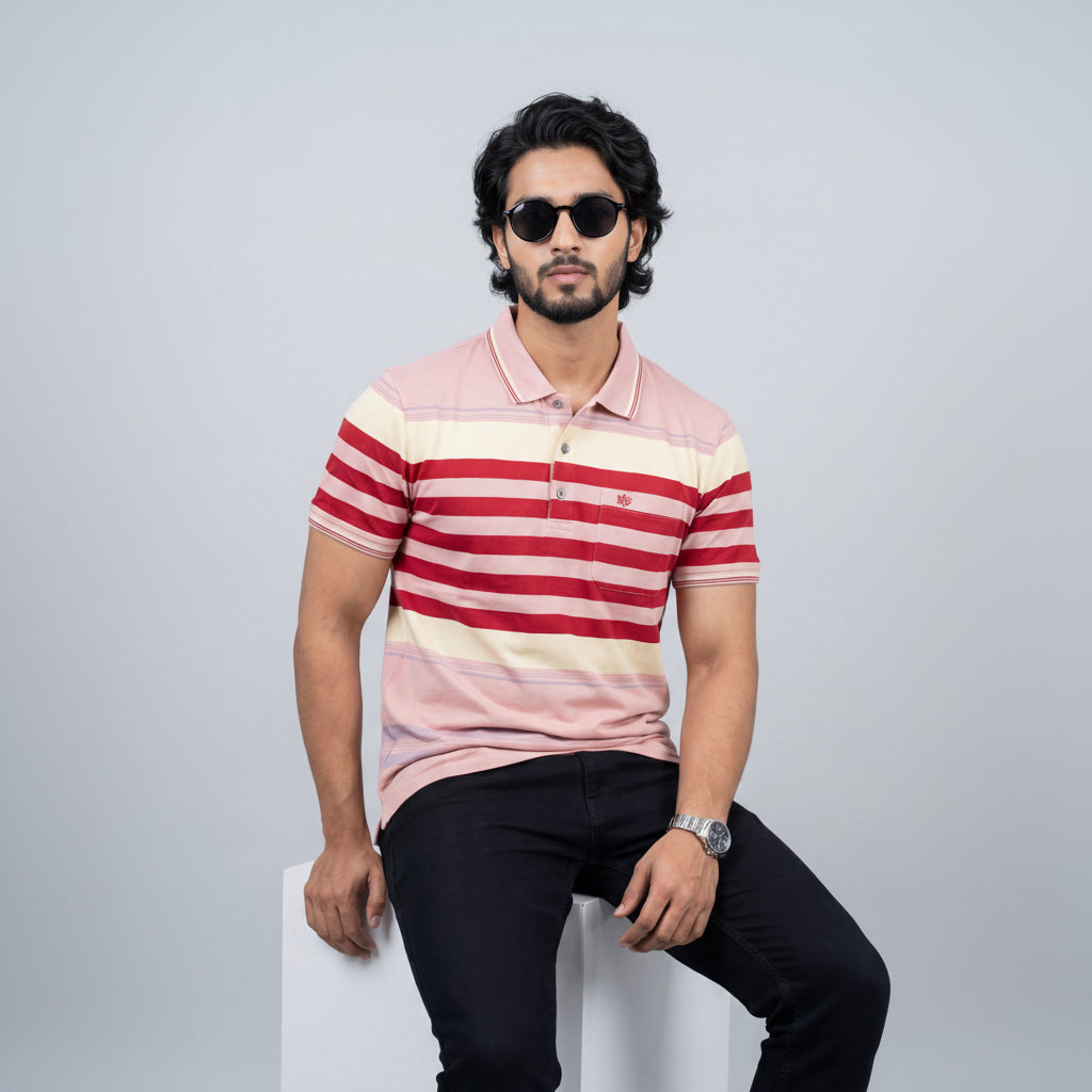 Men’s Premium Striped Polo T-Shirt -Dusty Pink & Deep Red