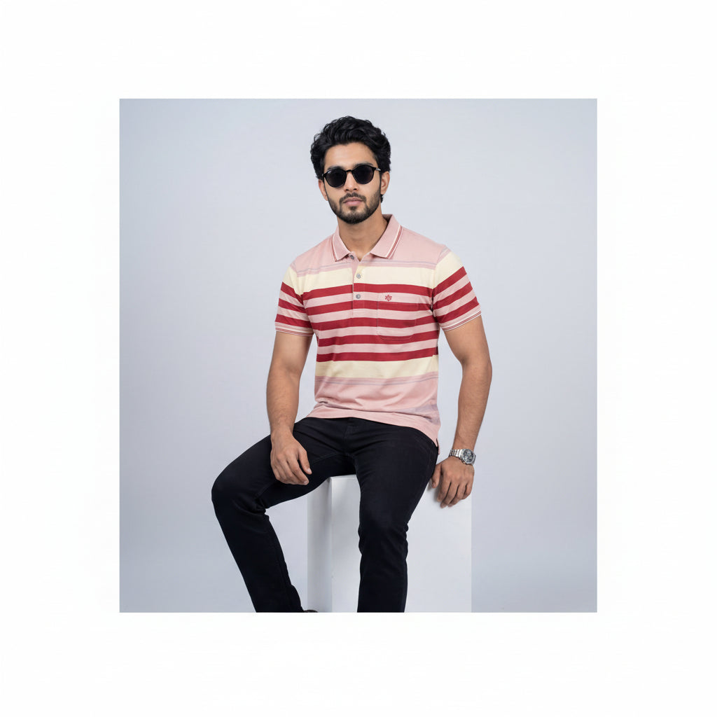 Men’s Premium Striped Polo T-Shirt -Dusty Pink & Deep Red