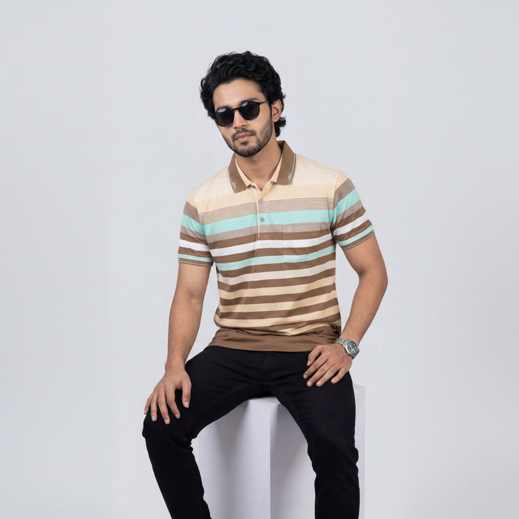 Men’s Premium Striped Polo T-Shirt -Desert Sands & Mint
