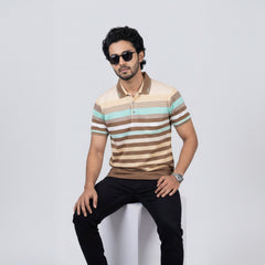 Men’s Premium Striped Polo T-Shirt -Desert Sands & Mint