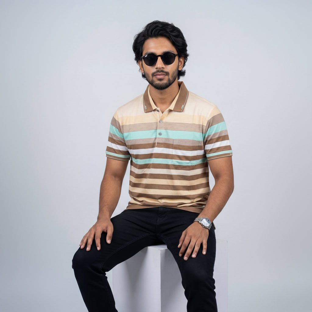 Men’s Premium Striped Polo T-Shirt -Desert Sands & Mint