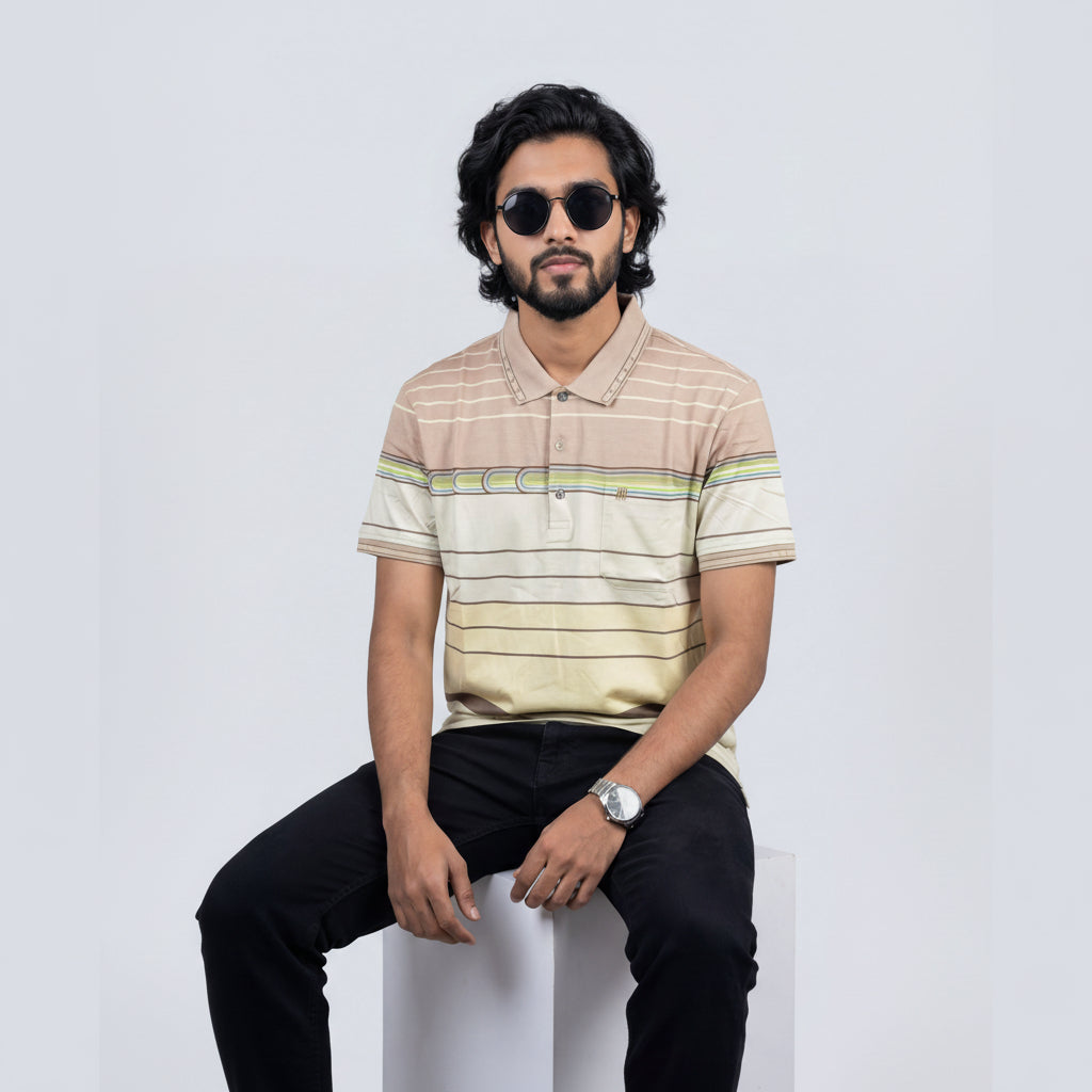 Men’s Premium Striped Polo T-Shirt – Brown & Beige Base