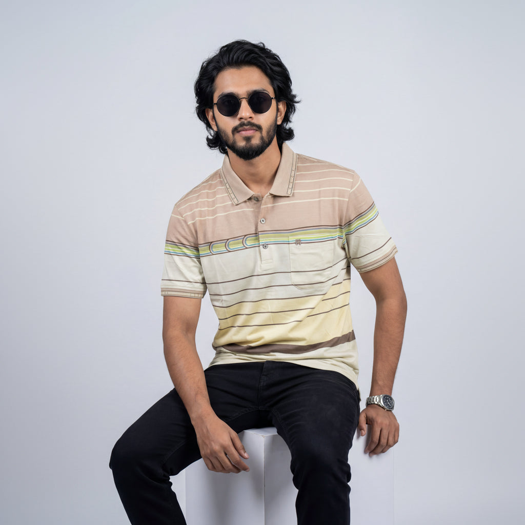 Men’s Premium Striped Polo T-Shirt – Brown & Beige Base