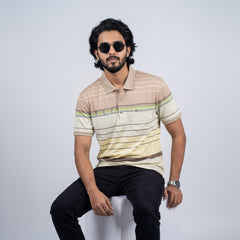 Men’s Premium Striped Polo T-Shirt – Brown & Beige Base
