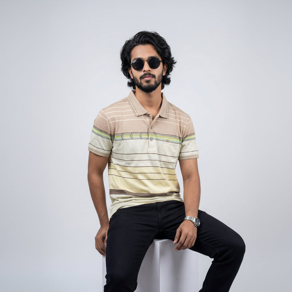 Men’s Premium Striped Polo T-Shirt – Brown & Beige Base