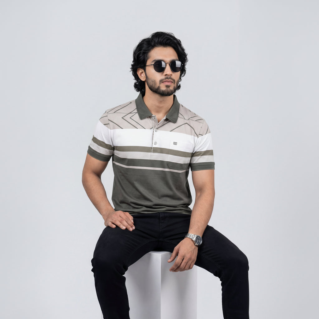 Men’s Premium Striped Polo T-Shirt -Olive Green & Cream