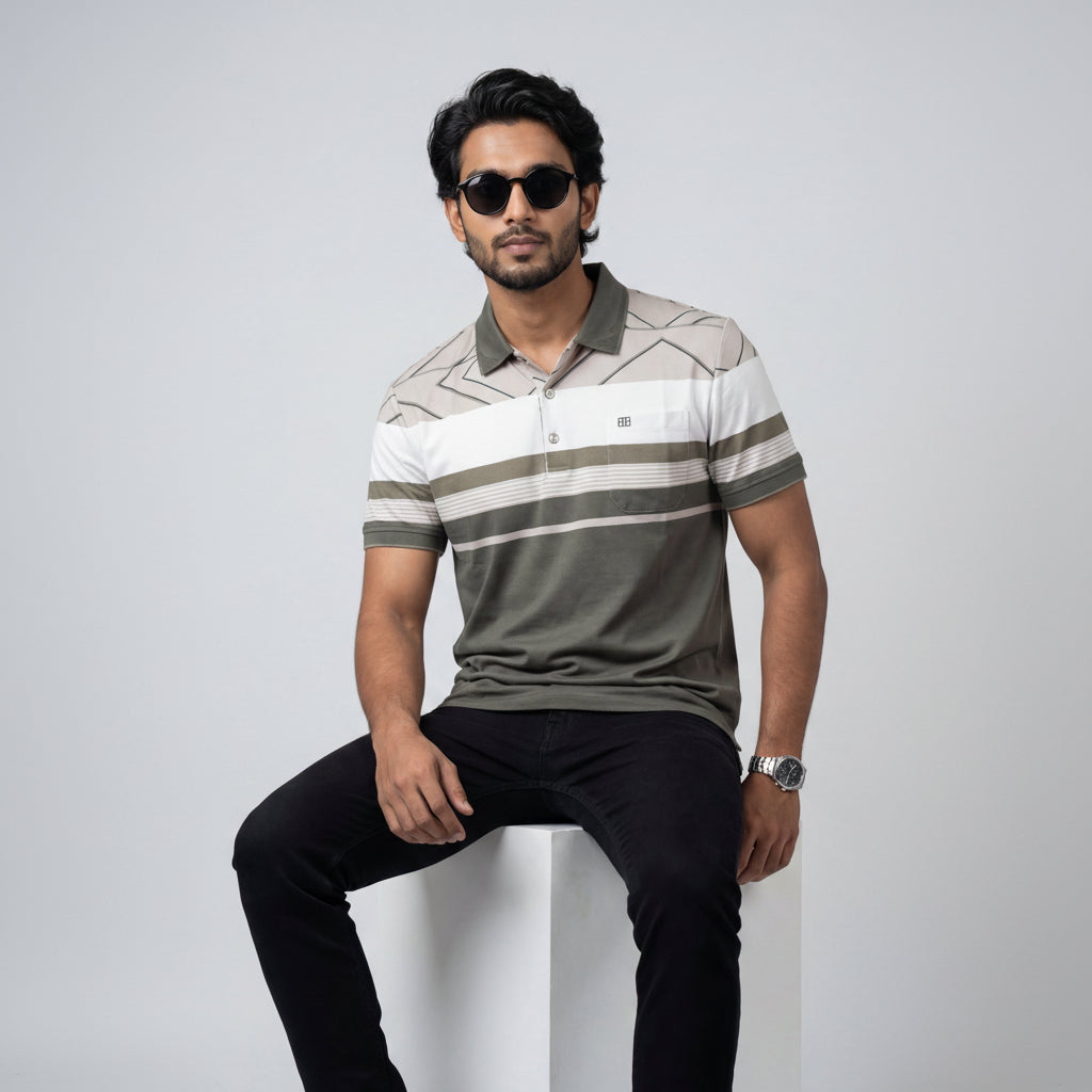 Men’s Premium Striped Polo T-Shirt -Olive Green & Cream