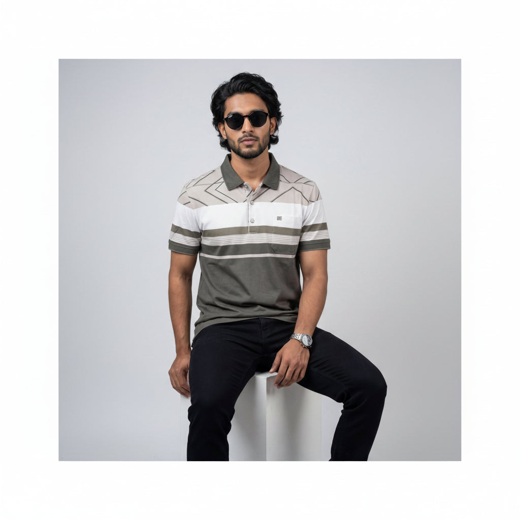 Men’s Premium Striped Polo T-Shirt -Olive Green & Cream