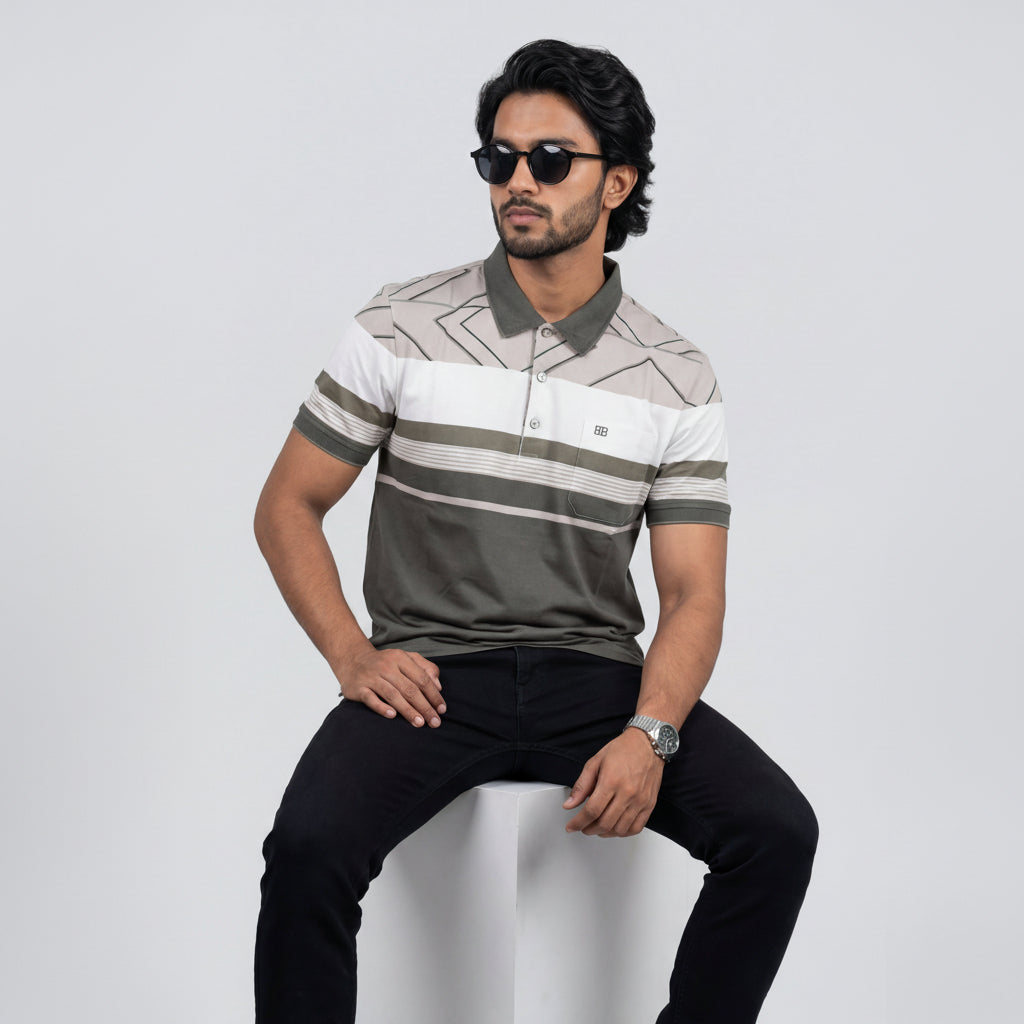 Men’s Premium Striped Polo T-Shirt -Olive Green & Cream