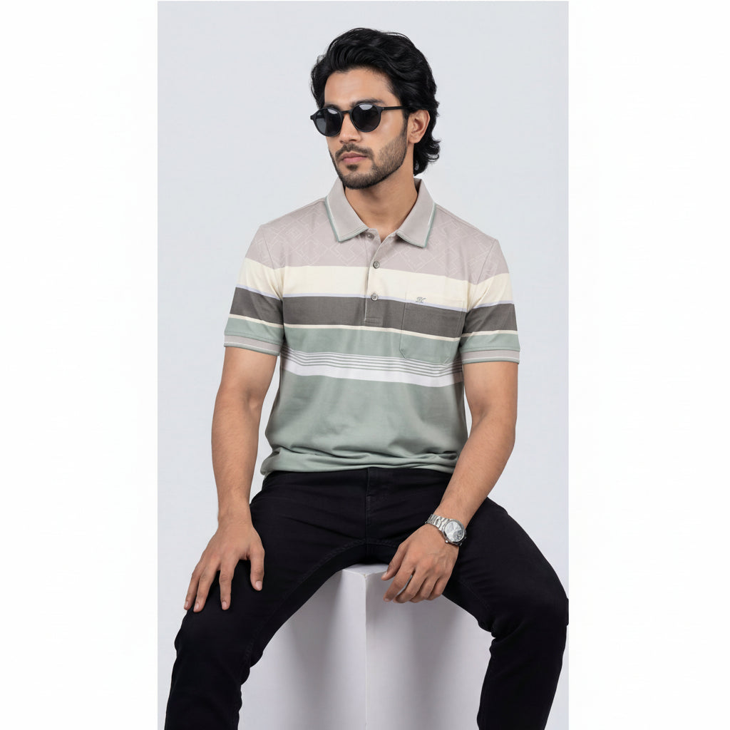Men’s Premium Striped Polo T-Shirt -Olive & Dark Grey