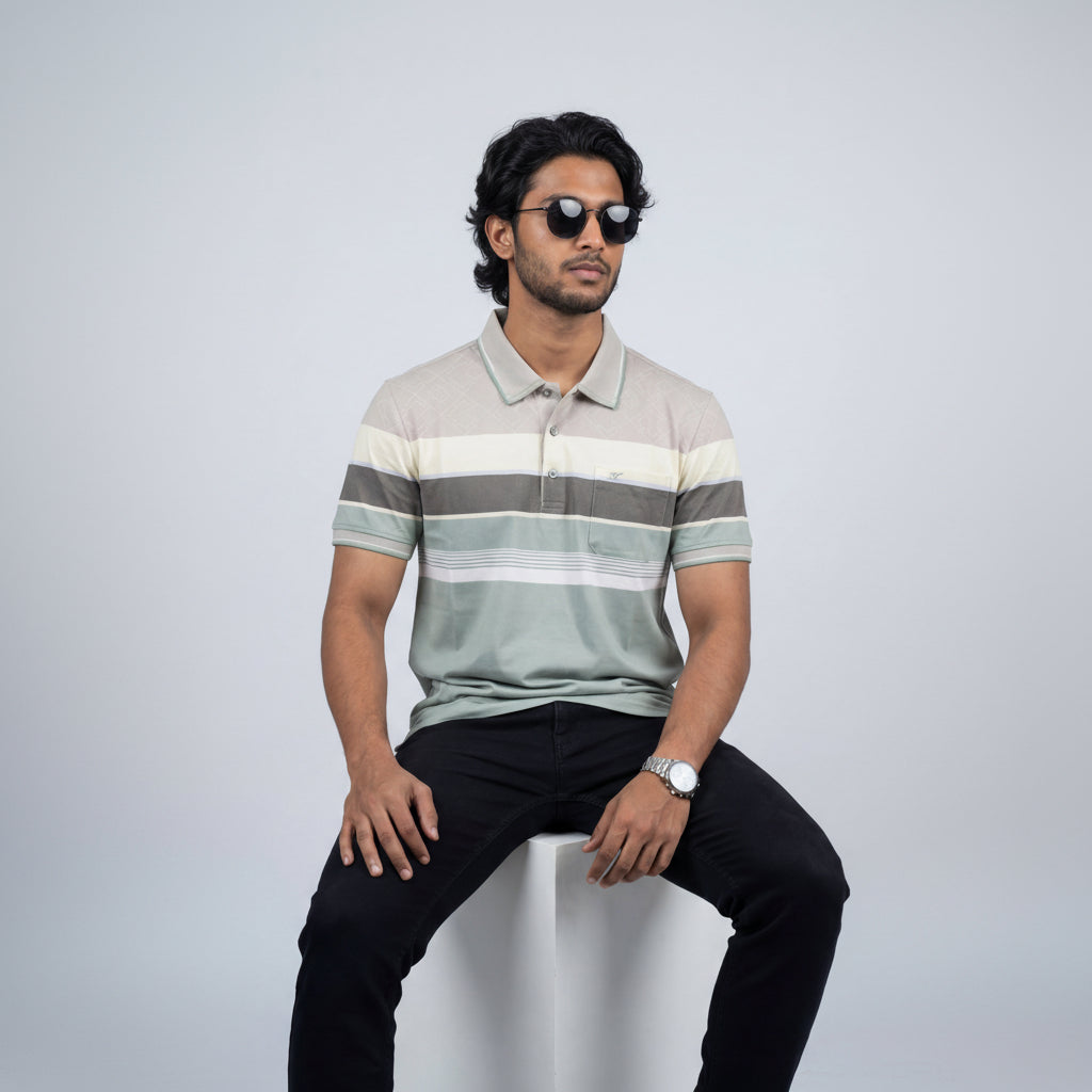Men’s Premium Striped Polo T-Shirt -Olive & Dark Grey