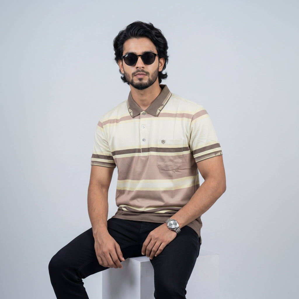 Men’s Premium Striped Polo T-Shirt -Muted Grey & Olive