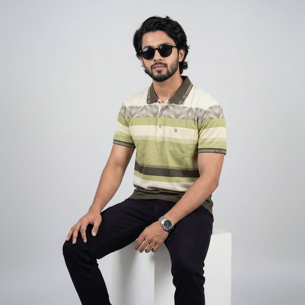 Men’s Premium Striped Polo T-Shirt -Dark Grey & Off-white
