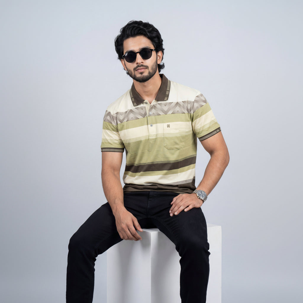 Men’s Premium Striped Polo T-Shirt -Dark Grey & Off-white
