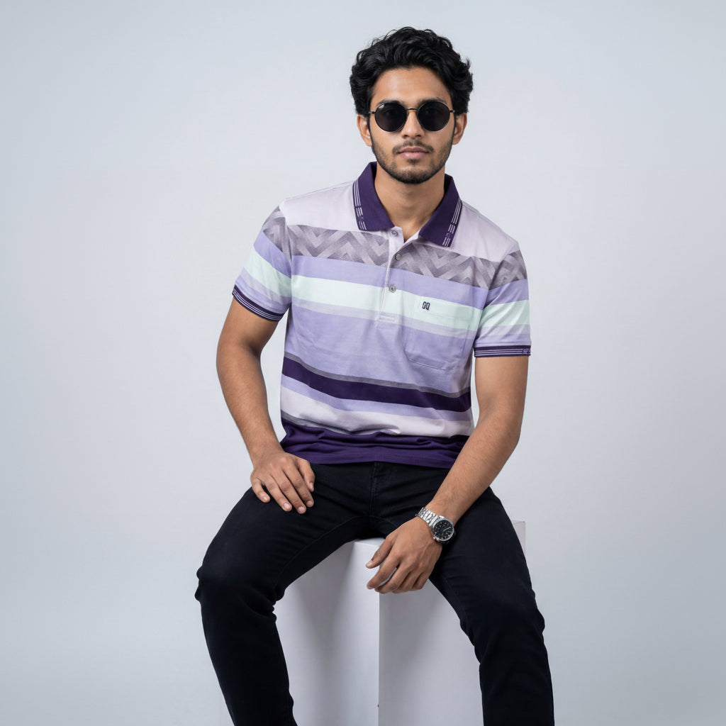 Men’s Premium Striped Polo T-Shirt -Lavender & Dark Purple