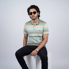 Men’s Premium Striped Polo T-Shirt -Pastel Green &amp; Coral