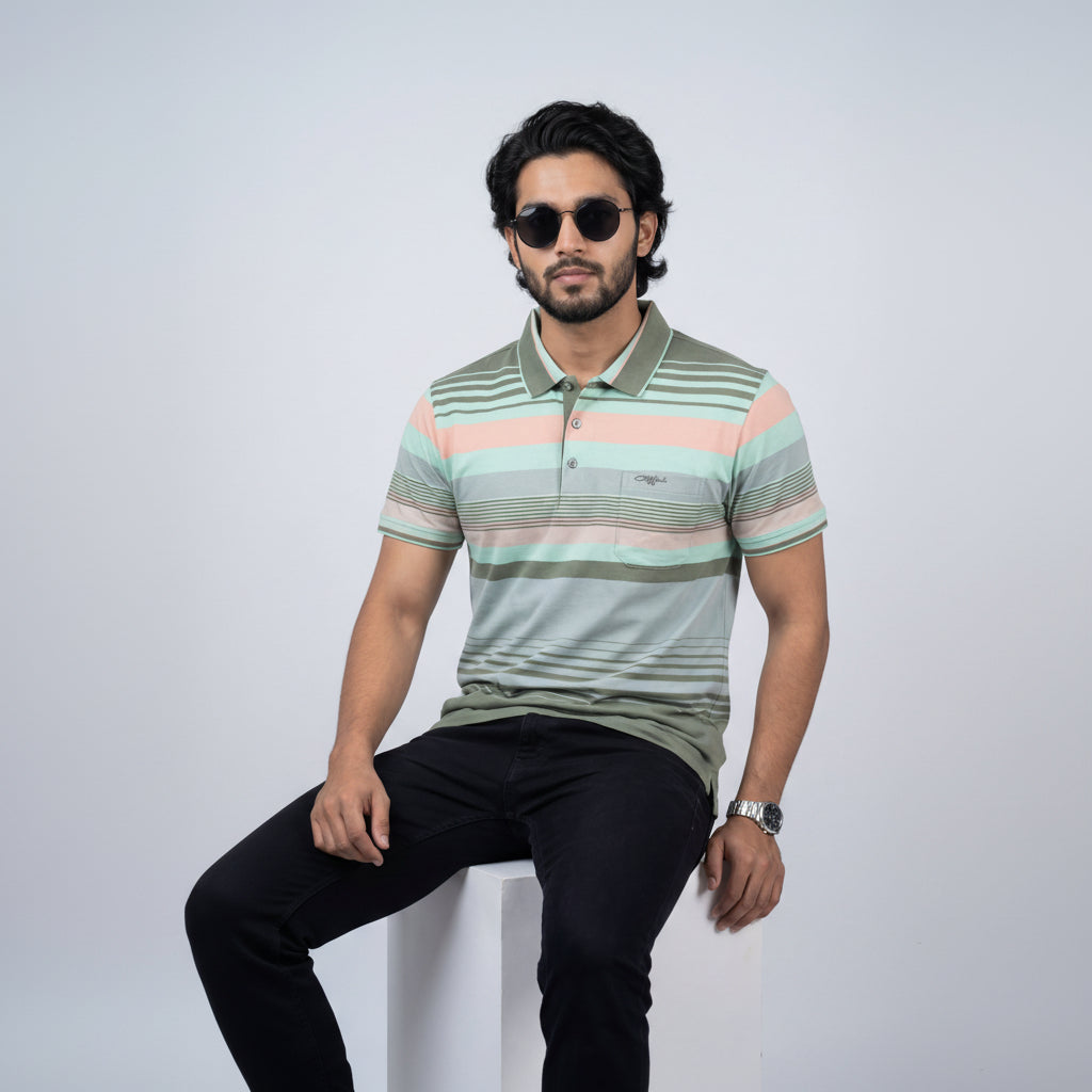 Men’s Premium Striped Polo T-Shirt -Pastel Green &amp; Coral