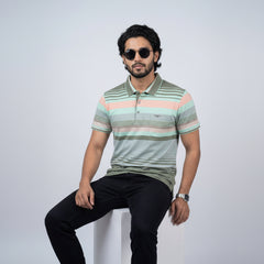 Men’s Premium Striped Polo T-Shirt -Pastel Green &amp; Coral