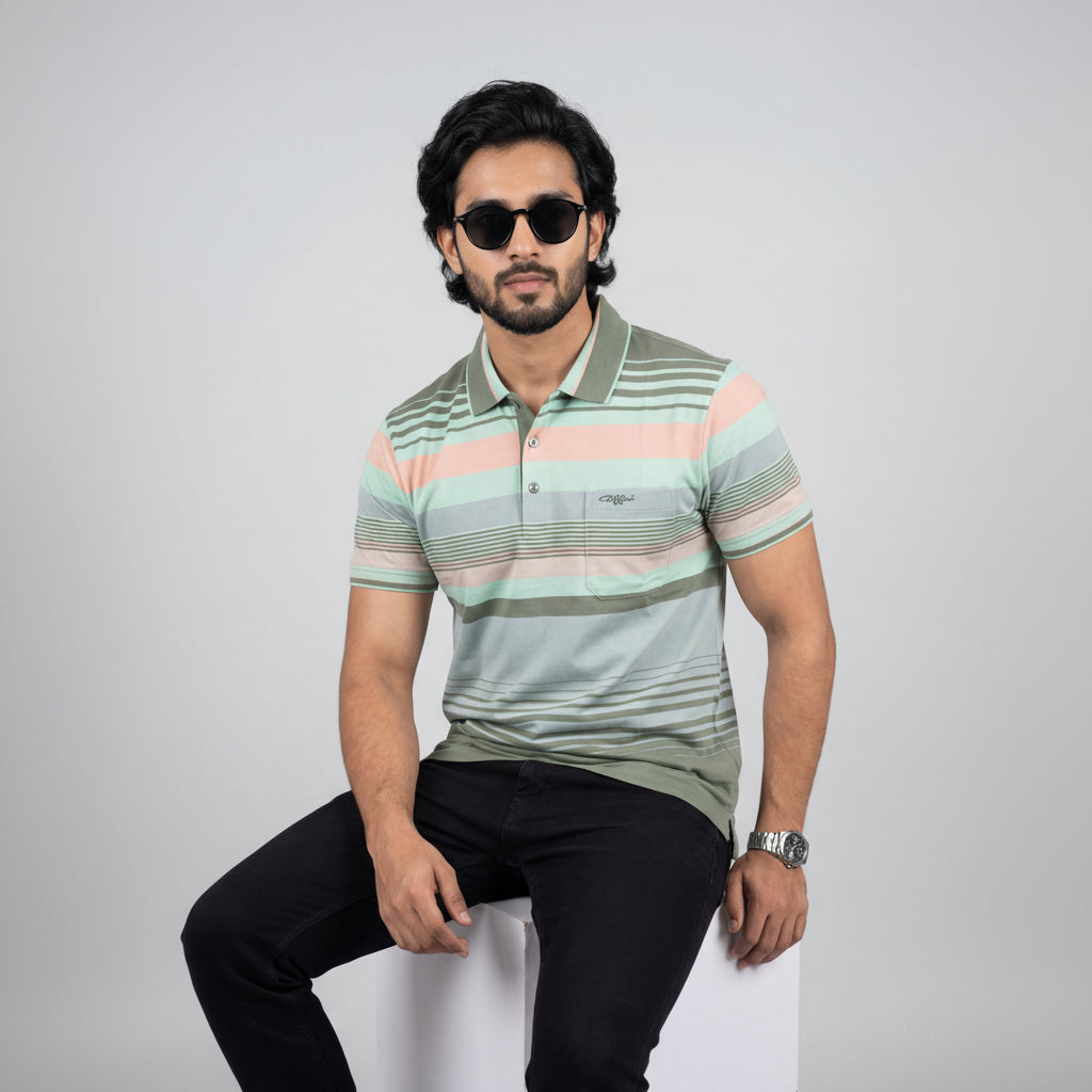 Men’s Premium Striped Polo T-Shirt -Pastel Green &amp; Coral