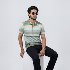 Men’s Premium Striped Polo T-Shirt -Pastel Green &amp; Coral