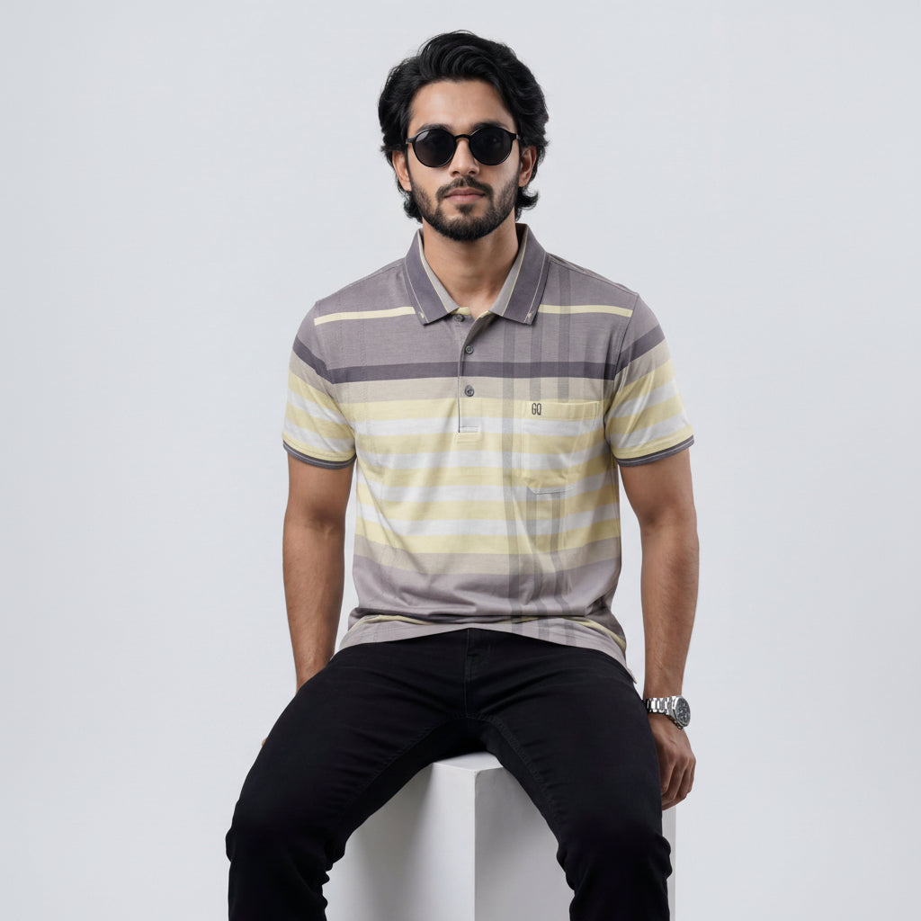 Men’s Premium Striped Polo T-Shirt -Grey & Yellow