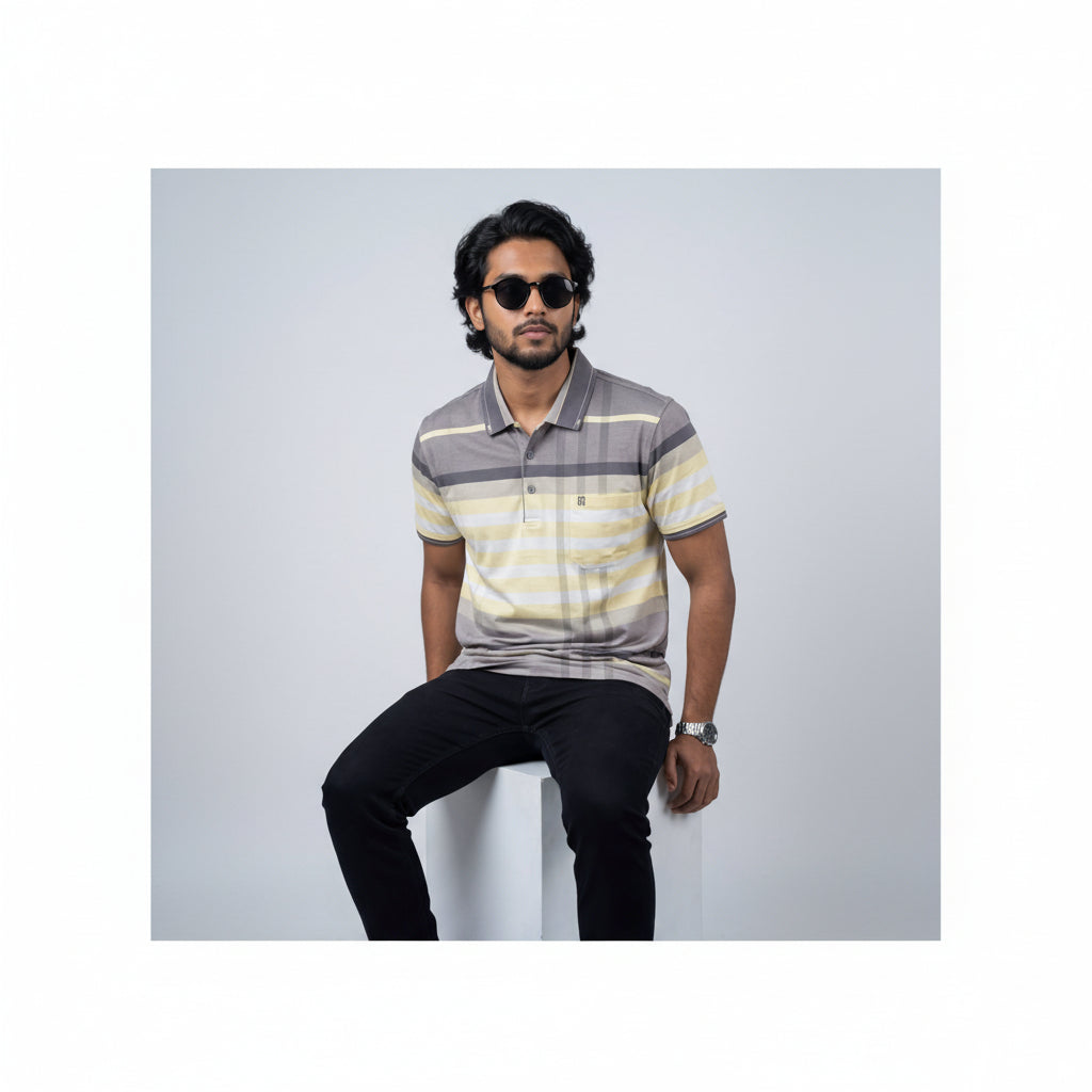 Men’s Premium Striped Polo T-Shirt -Grey & Yellow