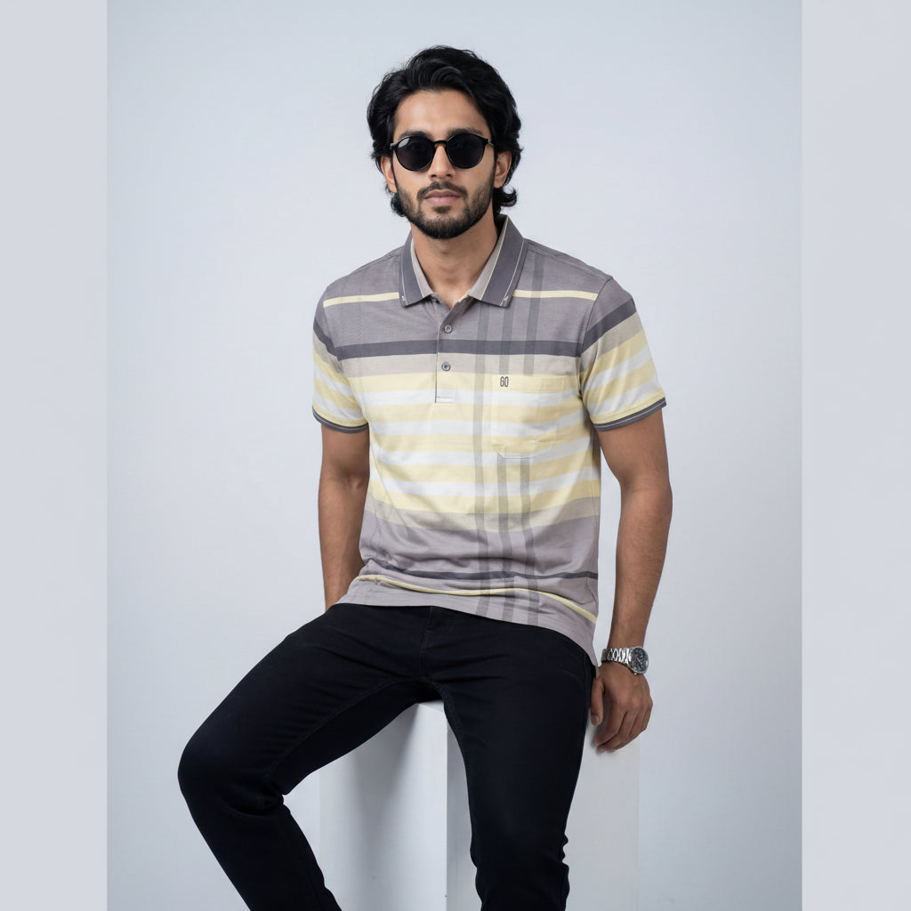 Men’s Premium Striped Polo T-Shirt -Grey & Yellow