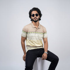 Men’s Premium Striped Polo T-Shirt – Brown & Beige Base