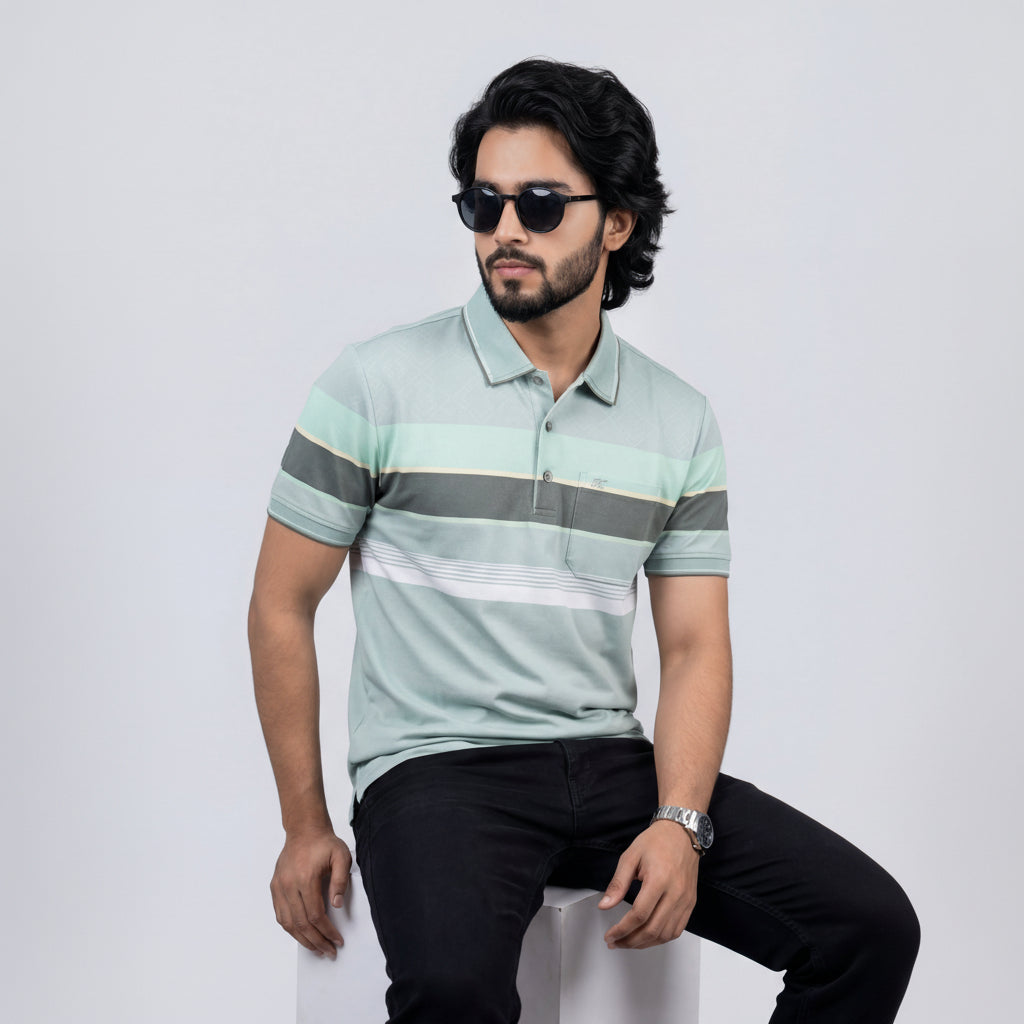 Men’s Premium Striped Polo T-Shirt -Olive Green & Off-White