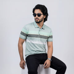 Men’s Premium Striped Polo T-Shirt -Olive Green & Off-White