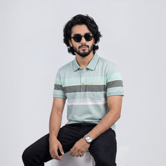 Men’s Premium Striped Polo T-Shirt -Olive Green & Off-White